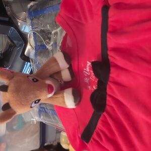 Red Christmas Dress with Rudolph The Red-Nosed Reindeer & Rudolph Plush Rattle